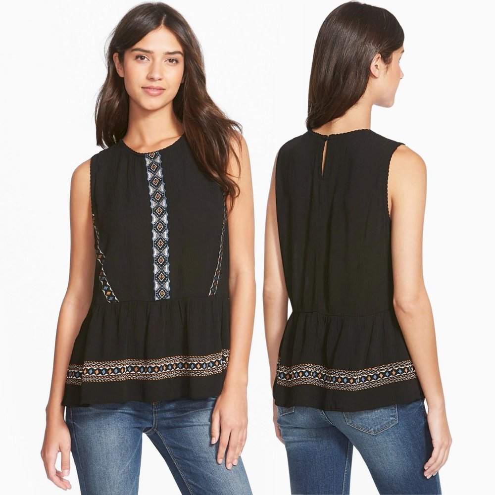 Chloe & Katie Chloe K Black Mosaic Embroidered Gauzy Textured Peplum Tank Top - Picture 3 of 16